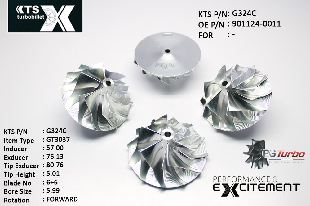 Turbo ROUE FORGÉE MFS PERFORMANCE - 6+6 PALES - INDUCER : 57 - EXDUCER : 76,13 - TYPE : GT3037ANGLE : 45° - ROTATION : Forward - SUPER BACK : 2,36 - BORE SIZE : 5,99
